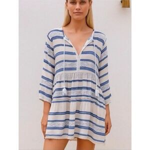 Aspiga Sophia Striped Kaftan Mini Dress - Blue & White Size M